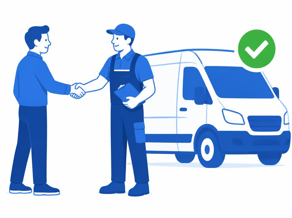 Customer shaking hands with a driver in front of a van