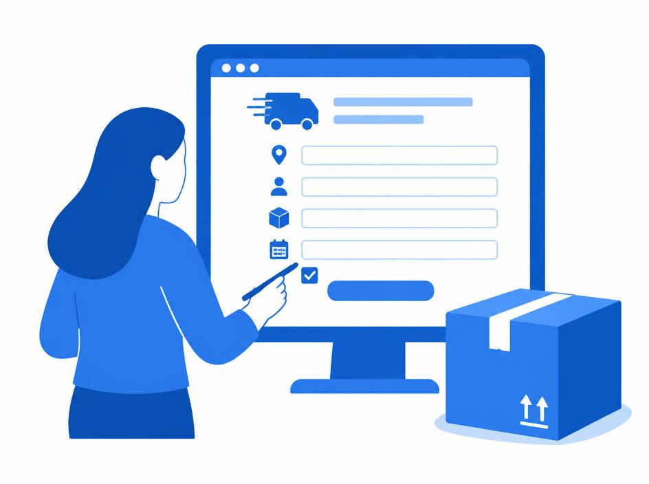 Person filling in a transport request on screen next to a parcel