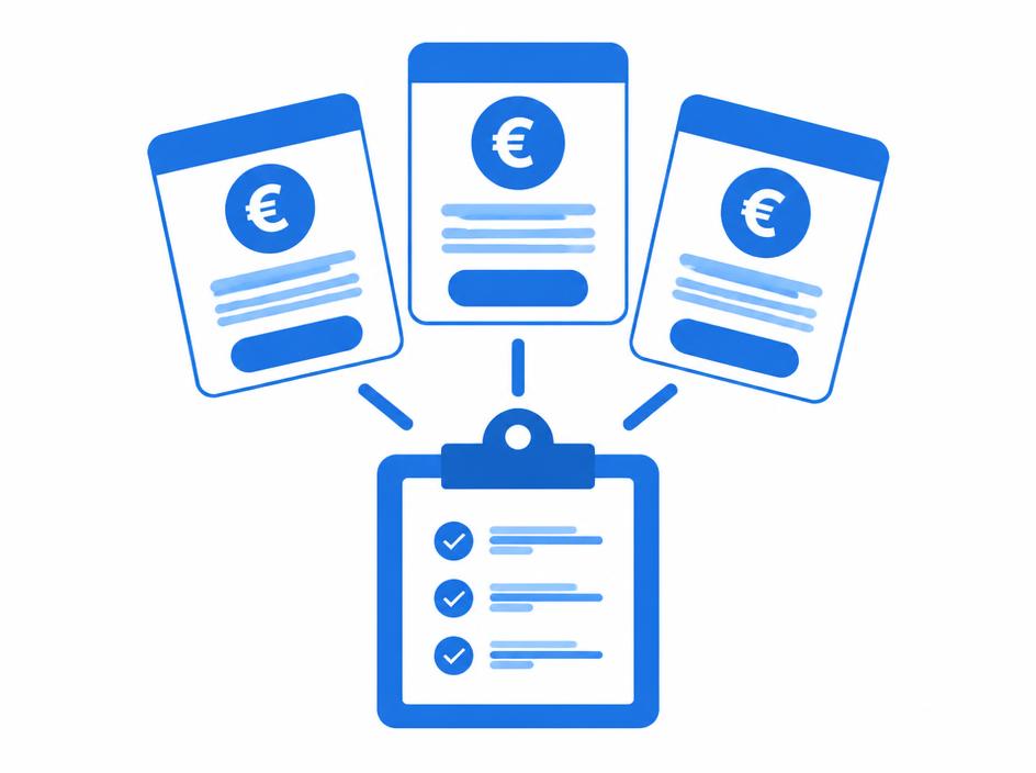 Three price quotes with euro symbols above a checklist